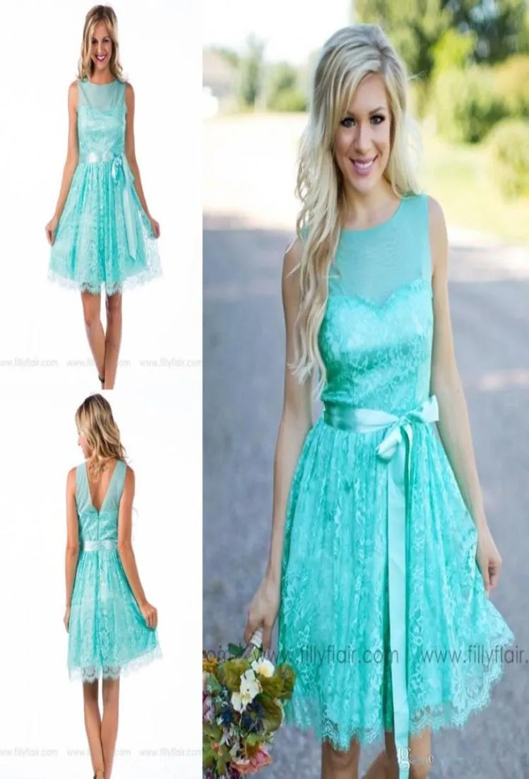 Summer Country Style Mint Turquoise Sheer Neck Lace Bridesmaid Dresses Backless Short Ribbon Sash Party Junior Maid of Honor Gowns6081227