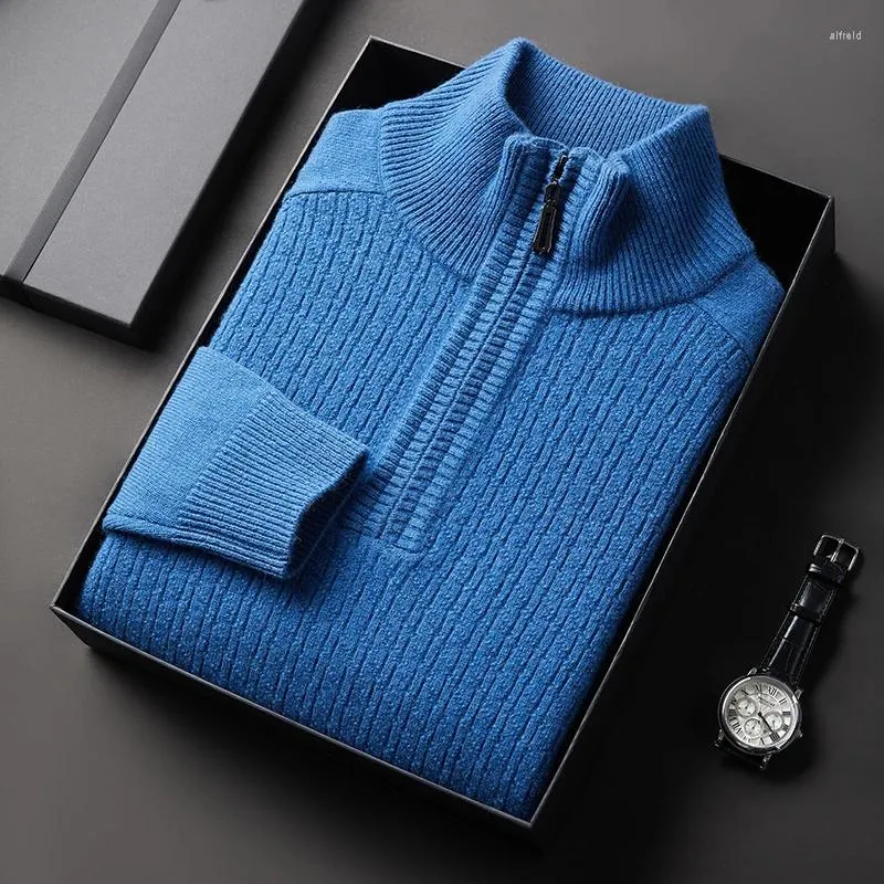 Men's Sweaters Top Grade Sheep Wool Zipper Clothes 2024 Winter Fashion Warm Mock Neck Sweater Soft Pure Cashmere Knit Jumpers Long Sleeve