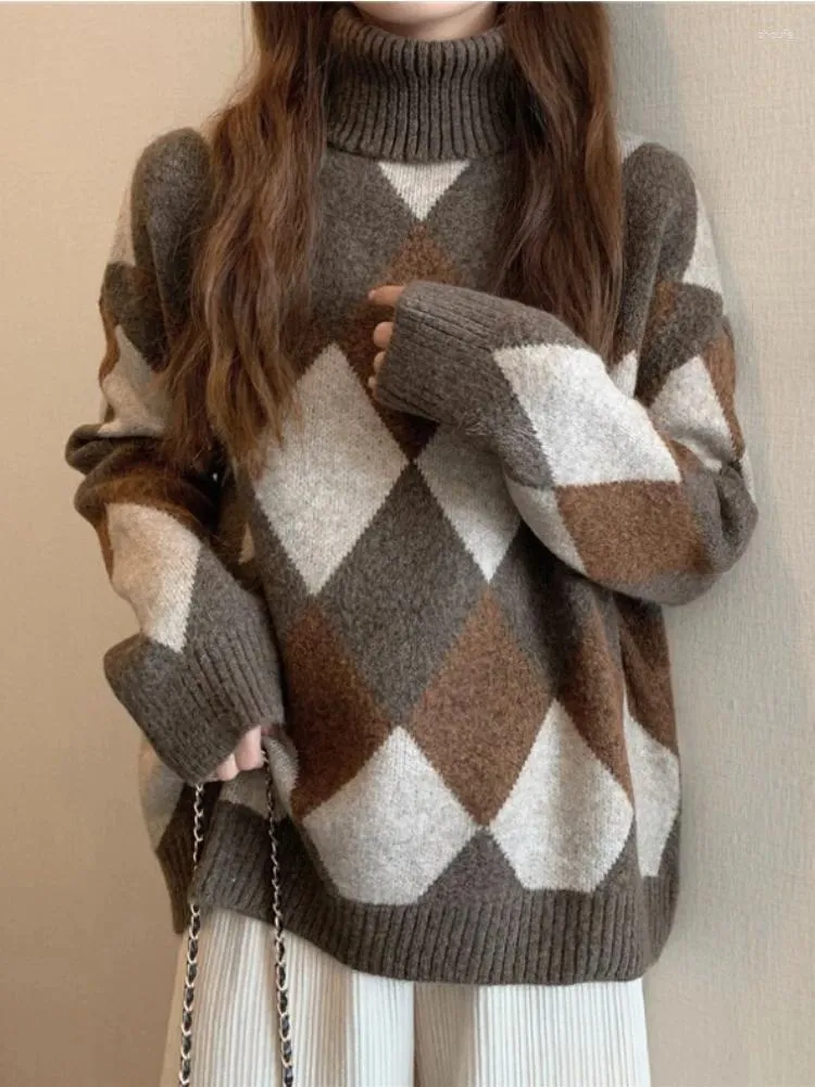 여자 스웨터 빈티지 터틀넥 여성 스웨터 니트 풀버 한국 패션 느슨한 격자 무늬 따뜻한 니트웨어 점퍼 가을 대형 탑