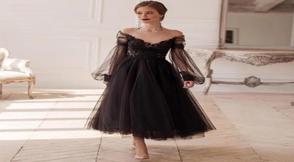 Black Long Puff Sleeves Prom Dresses Illusion ONeck Lace Homecoming Gowns TeaLength Tulle Evening Party Dress Bow8602805