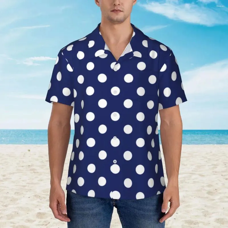 Camisas casuais masculinas azul marinho e branco bolinhas camisa de férias na moda polkadots verão blusas masculinas manga curta design elegante topo