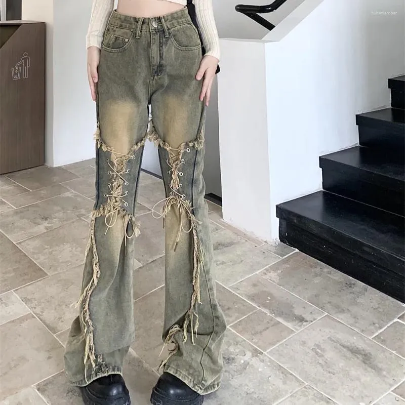 Women's Jeans Lace Up Design Stitching Vintage Casual Micro Flare Pants Female Straight Denim Trousers Y2K Clothes 2024