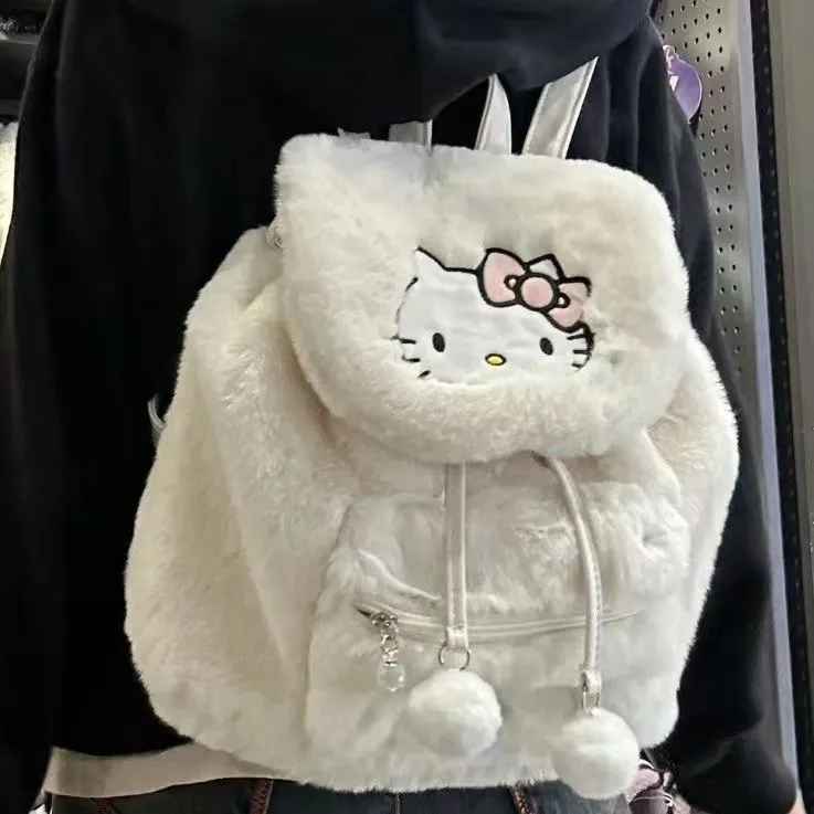 Wholesale Cute plush flip cover new winter sweet KT Melody Kuromi backpack large capacity Plush Backpacks