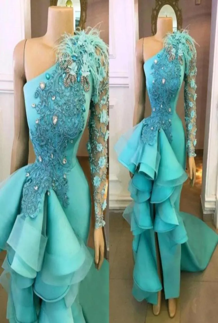 Hunter Green High Low Prom Dresses with Long Sleeves 3DFloral Appliqued Formal Evening Gowns Ruffles Peplum Party Dress Pageant4299016200