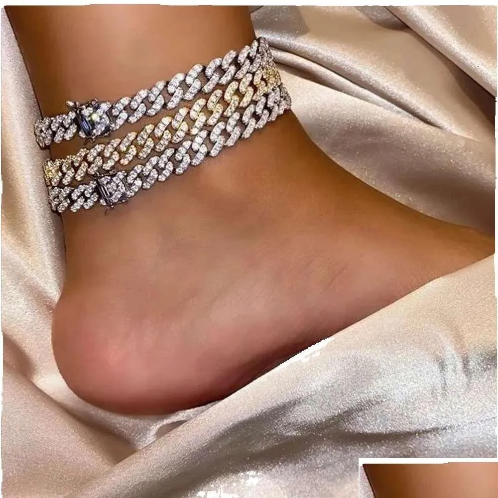 Anklets Designer Jewelry Iced Out 체인 남성 여자 앙크 레트 힙합 블링 다이아몬드 발목 팔찌 골드 Sier Cuban Link Accesso Dhaeg