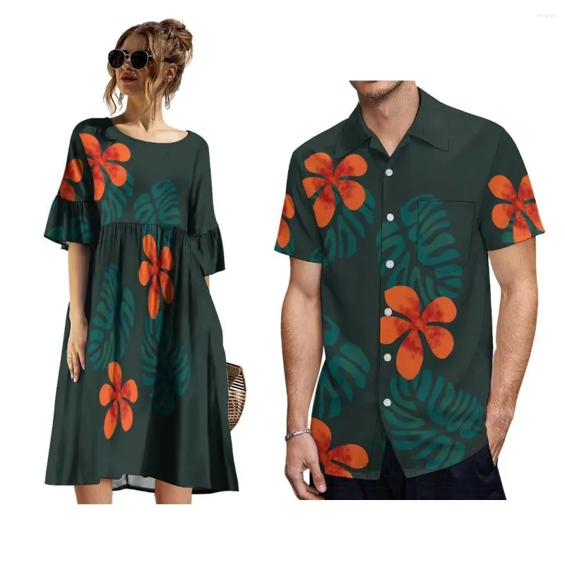 Robes décontractées Femmes O-Cou Volant Midi Manches Longueur Genou Robe Hawaii Hommes Fidji Chemise Style Tropical Couple Costum Match