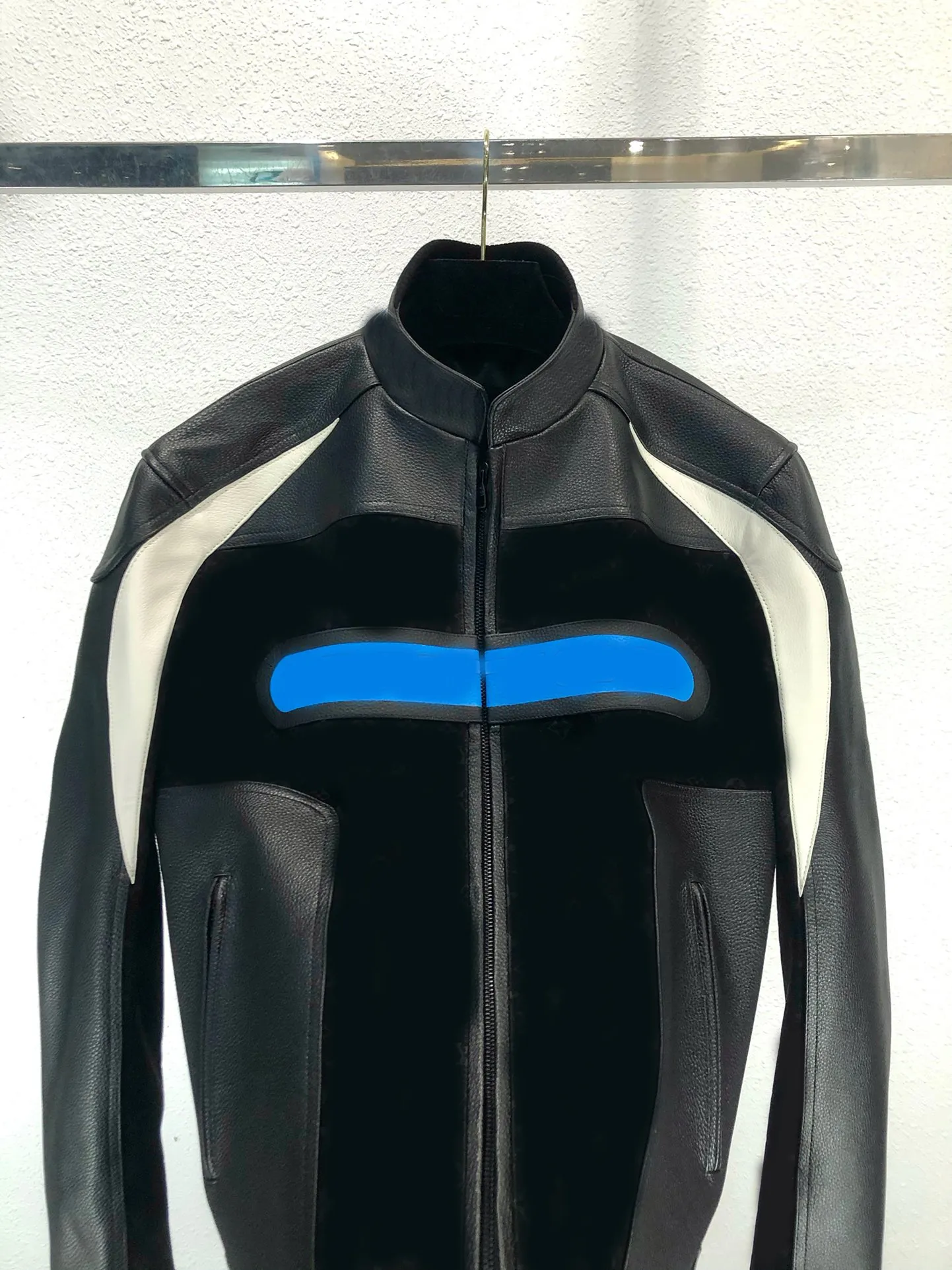Genuine Leather Jacket Men Coat Round Collar Zipper Black 