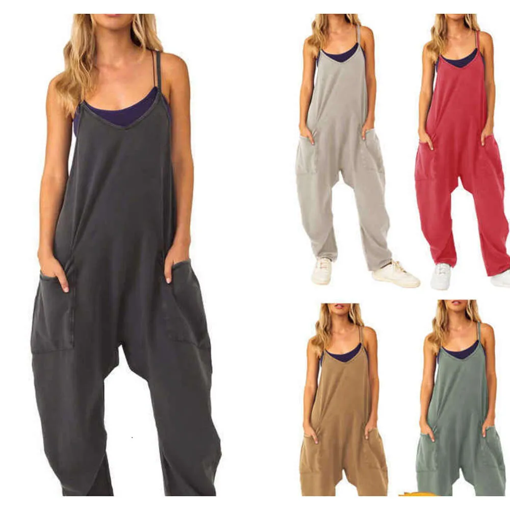 Kvinnors jumpsuits kvinnor jumpsuit sommarövergripande ärmlösa romer med fickor bredben baggy byxor vintage hoppdräkt i ett stycke flickor