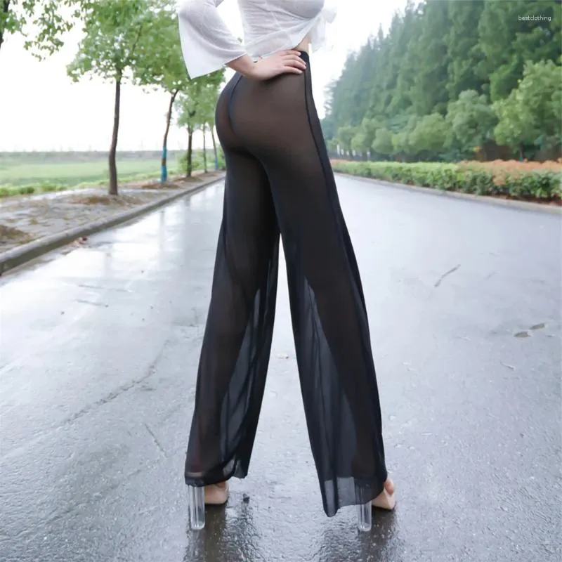 Calças femininas sexy perna larga baggy mulher transparente sólido preto brilhante cintura alta festa clubwear calças roupas para mulher