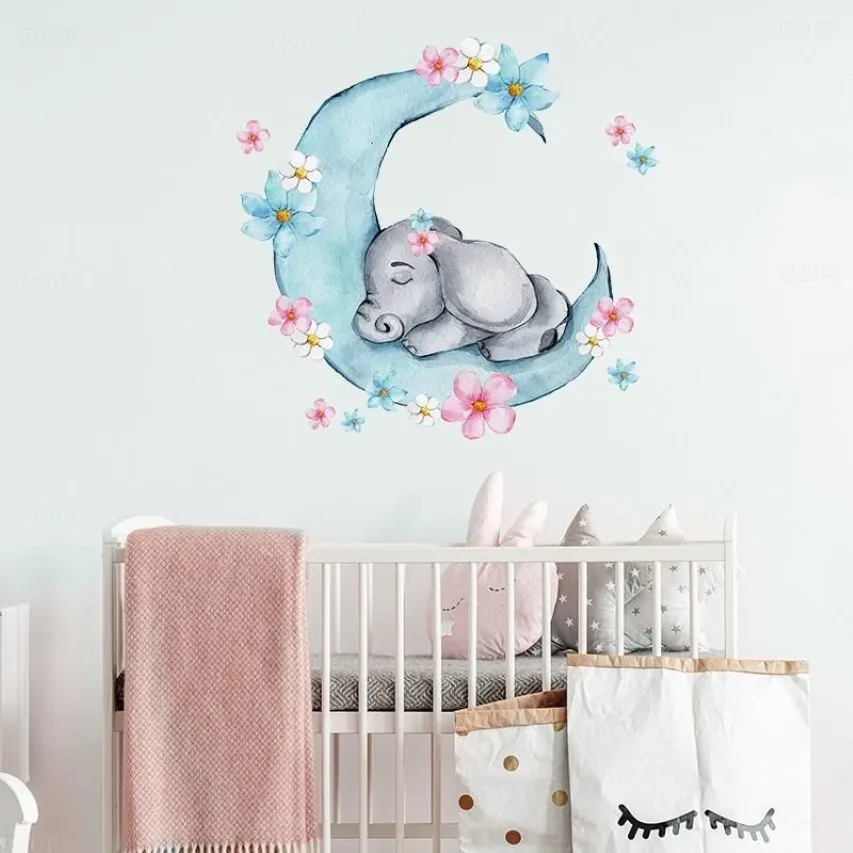 Akvarell Sovande baby elefant på månvägg klistermärken med blommor för barn rum baby barnkammare väggdekaler pvc197f