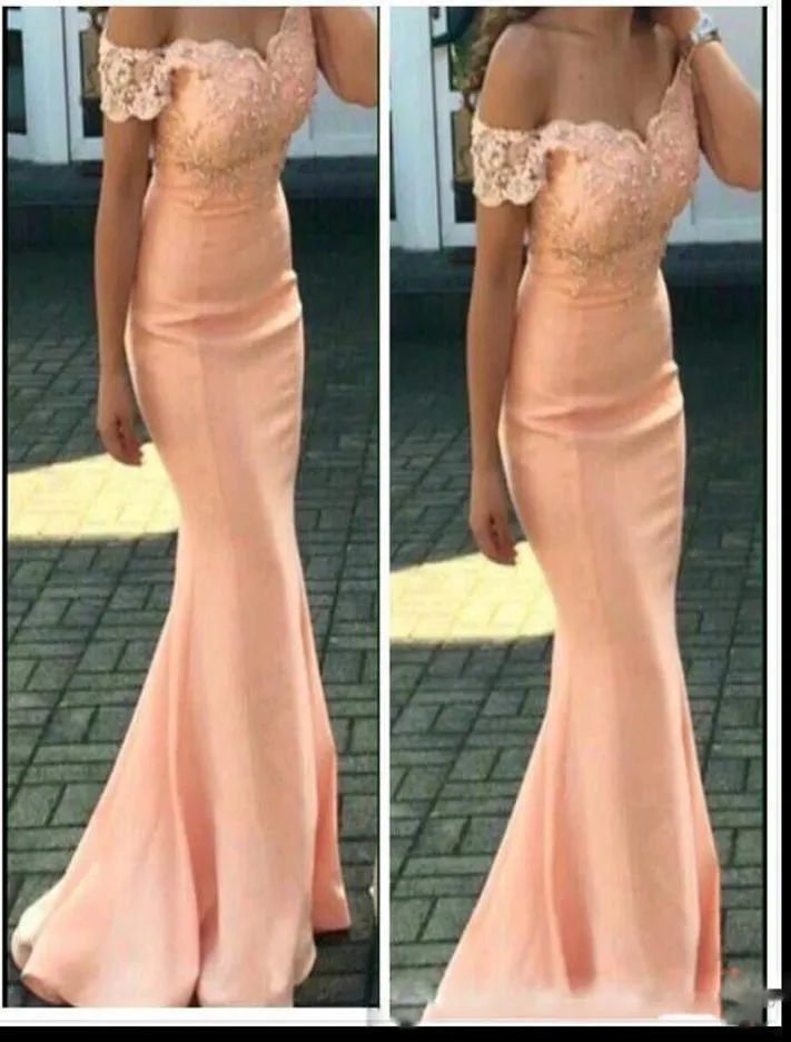 Vestidos de dama de honor 2019 Nuevo Barato para bodas Mangas casquillo de melocotón Apliques de encaje Sirena Longitud del piso Tallas grandes Dama formal de Hono7071894