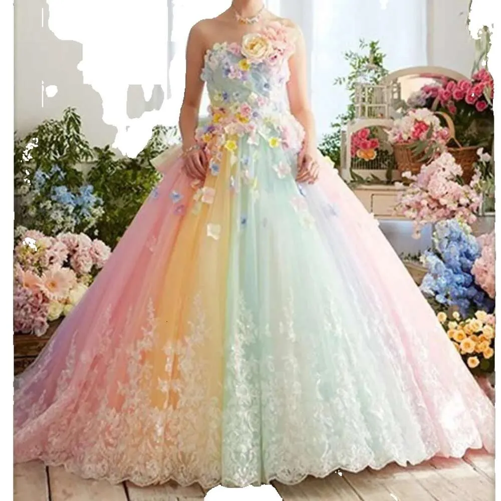 Prompite con abiti colorati arcobaleno graziosi appliques in pizzo di fiore 3d in pizzo lunghezza del pavimento gonfio principessa Quinceanera vestito brithday party g gg gg