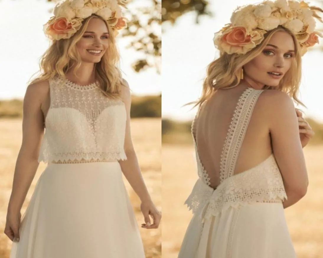 2020 Modest Rembo Styling Bohemian Simple Jewel Sleeveless Backless Wedding Dresses Lace Ruffles Wedding Clows Sweep Train Robe de6216132