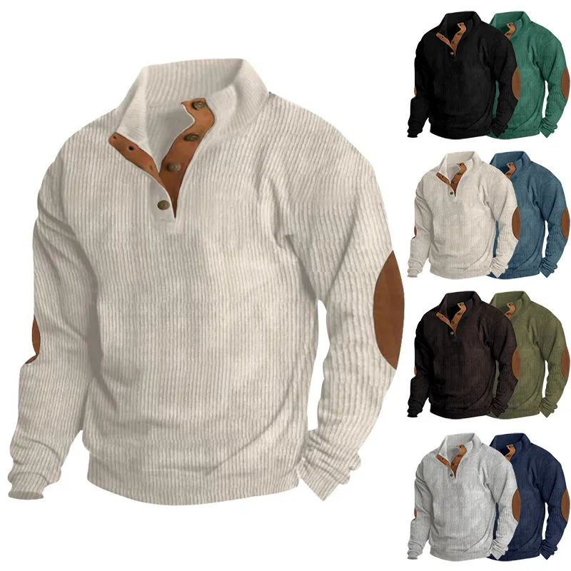 Men's Top 2024 New Spring and Autumn Season Men's Casual Standing Neck Spliced Long Sleeve Pit Corduroy Sweater