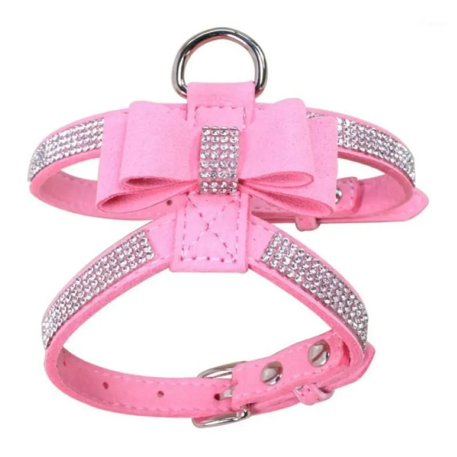 Bling rhinestone Pet Puppy Dog Harness Velvet & Leather Leash for Small Dog Puppy Cat Chihuahua Pink Collar Pet Products AB1271V