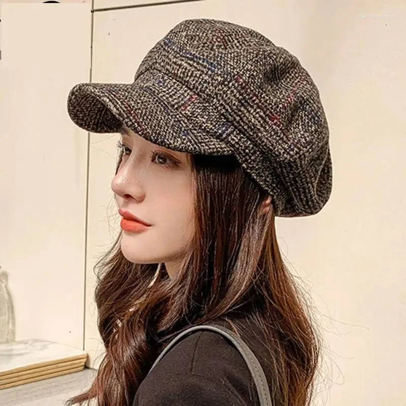 Berretti Sboy Cap Cappello Donna Inverno Autunno Ispessito Plaid Cappelli ottagonali di lana per Berretto Casual Protezione per le orecchie Pittore