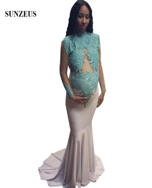 Sukienka na studniową sukienkę dla kobiet Suknie imprezowe z kości słoniowej z niebieskimi koronkowymi aplikacjami Sheer Long Rleeves Sukienka macierzyńska gala9124548
