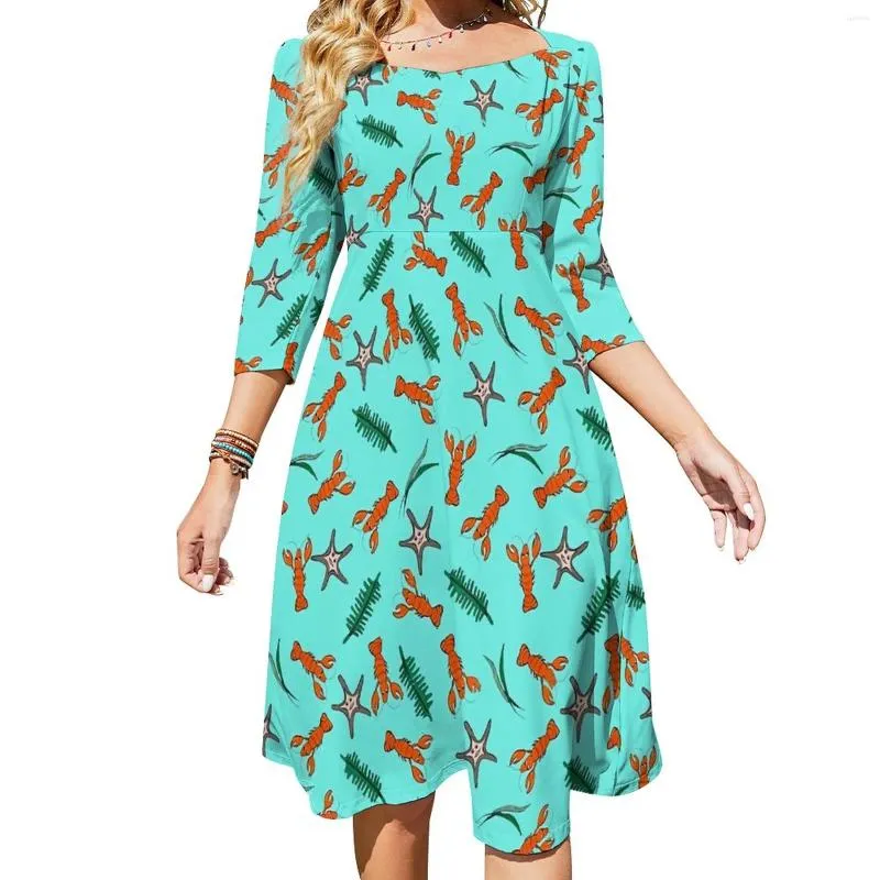 Casual Dresses Funny Lobsters Dress Female Sea Star Print Korean Fashion Trendy With Bow Summer Oversize Vestido