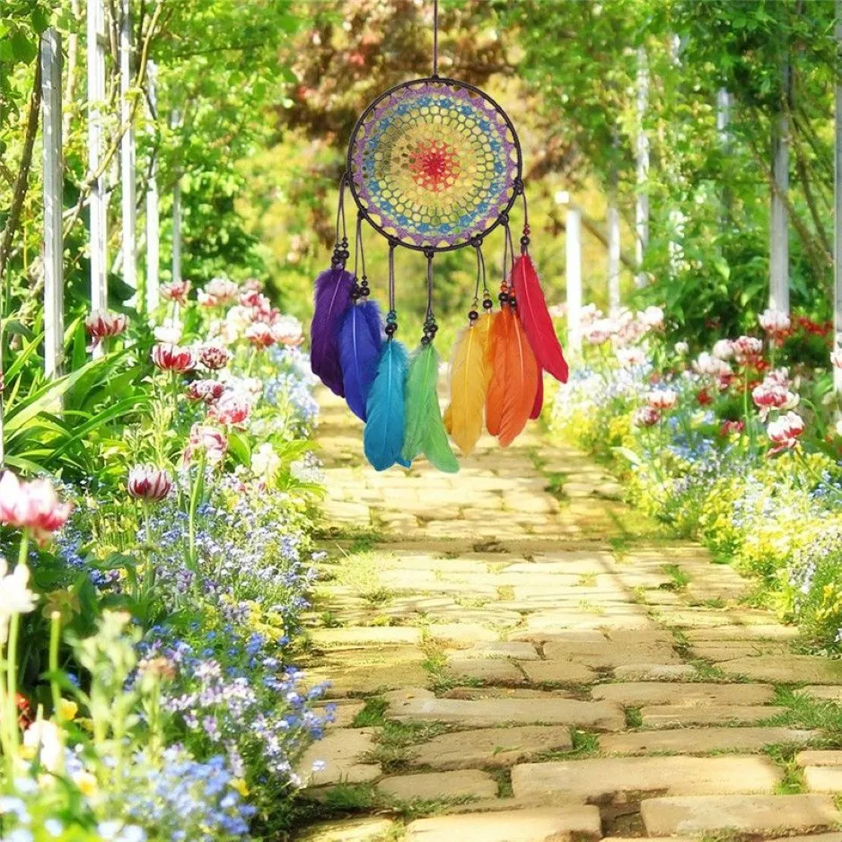 Dreamcatcher fatto a mano Campanelli eolici 7 Acchiappasogni con piume color arcobaleno per regali Decorazioni per la casa di nozze Ornamenti Appendere Decorazione237j