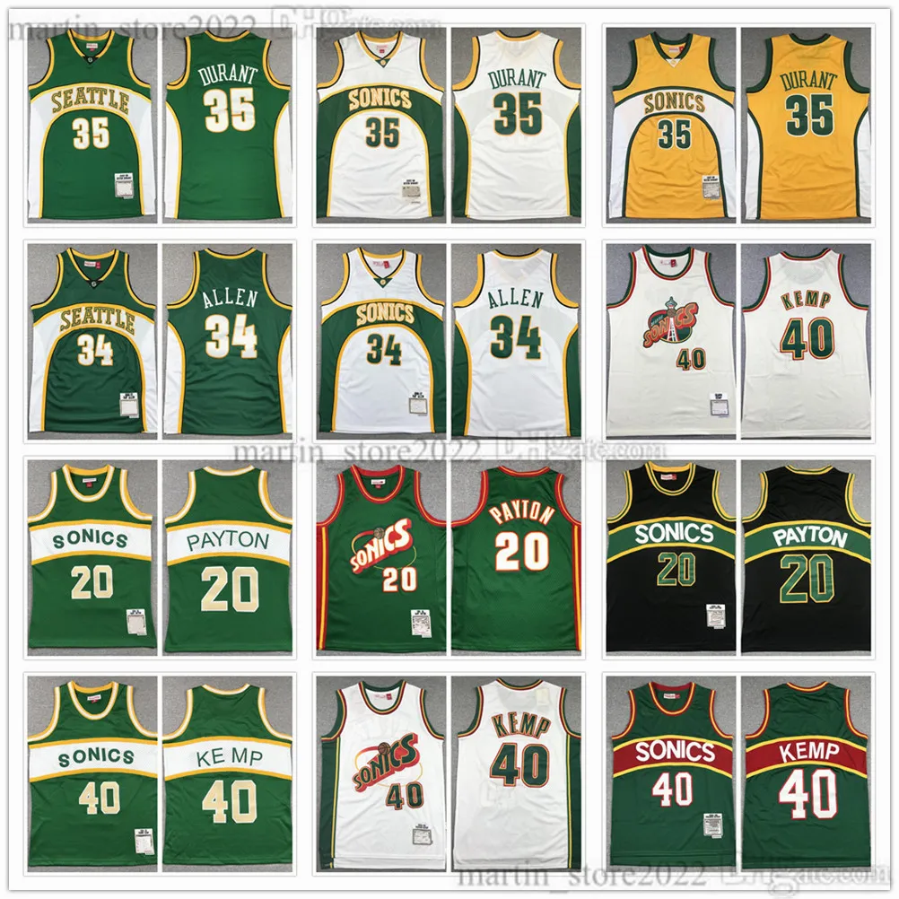 레트로 메쉬 농구 유니폼 케빈 35 Durant Ray 34 Allen Shawn 40 Kemp Gary 20 Payton Team Green White Men 100% 자수 빠른 보내기