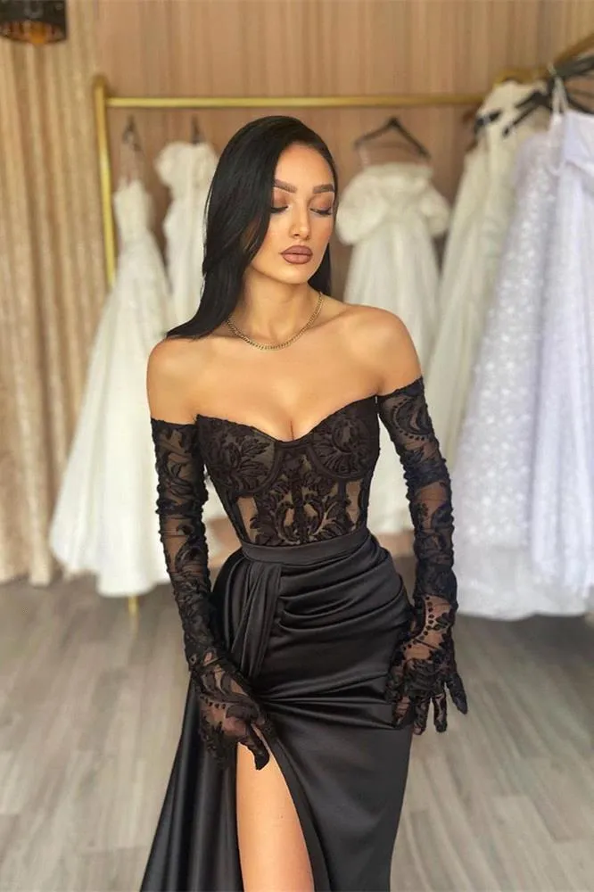 Vestidos De Noche Sexis Negros Divididos Una Linea De Escote Con Forma De Corazon Apliques De Encaje Vestidos De Graduacion De Saten Para Mujer Vestidos Para Ocasiones Formales BC16794 De 93 77 DHgate