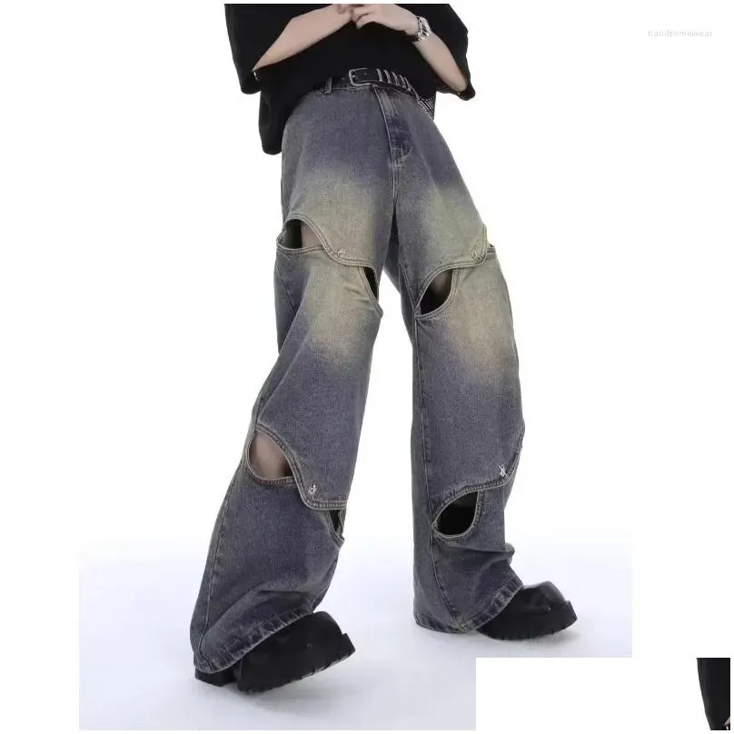 Dżinsy męskie dżinsy sprężyny i jesienne metalowe guziki splicing ciężki design pusta poczucie szerokiej nogi dla mężczyzn Drop Relivery odzież me dhpiz