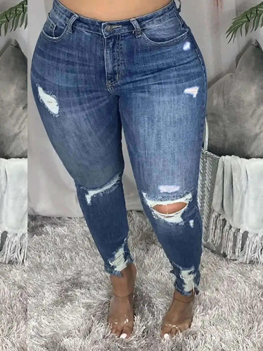 LW Большие размеры Рваные джинсы с высокой талией на молнии L-5XL Уличные сплошные цвета с отверстиями Эластичная оболочка Узкие женские модные брюки 240229