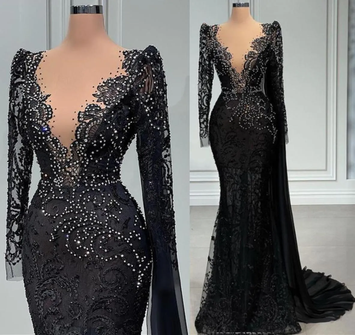 2022 Plus Size Arabic Aso Ebi Black Mermaid Luxurious Prom Dresses Pärled Crystals Evening Formal Party Second Reception Födelsedag 3580443