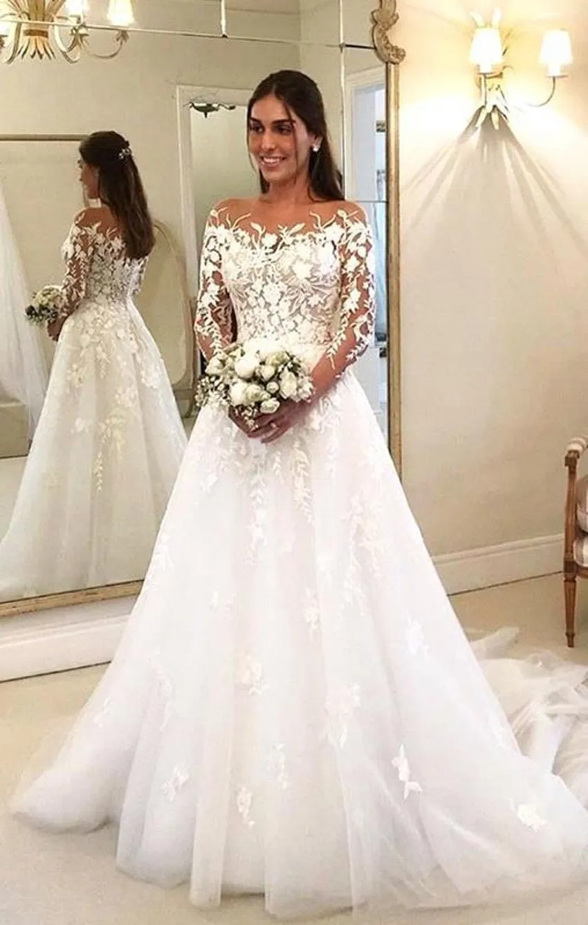 Sheer Lace Tulle Ruffles A Line Long Sleeves Wedding Dress Sheer Lace Tulle Ruffles A Line Long Sleeves Wedding Dress