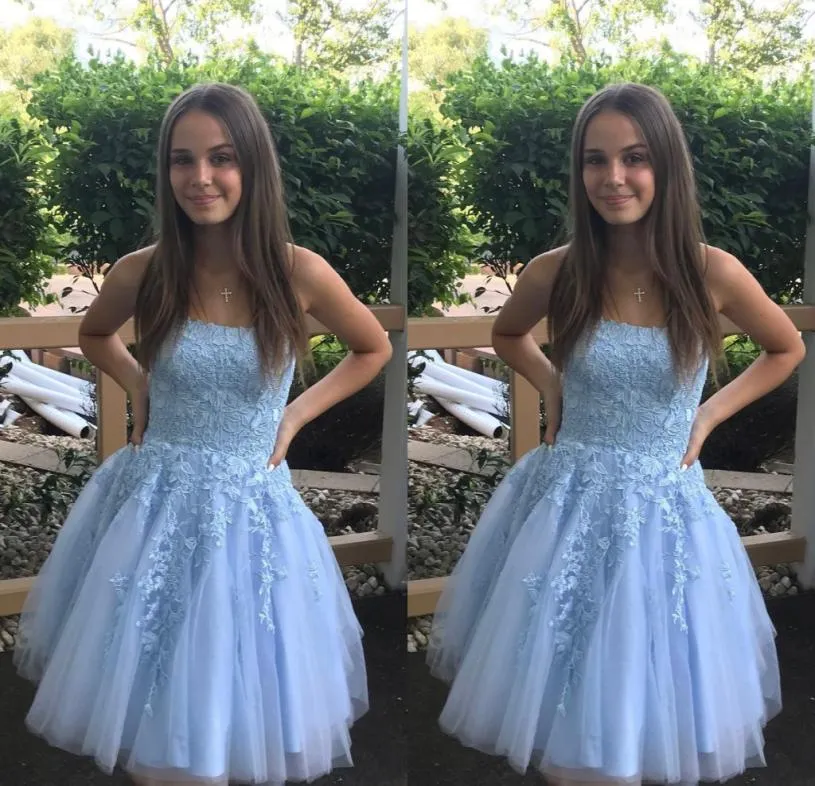 2022 lindo luz azul sem alças curto baile de formatura vestidos uma linha tule rendas topo ruched cocktail vestido de baile novo aberto bac4566567