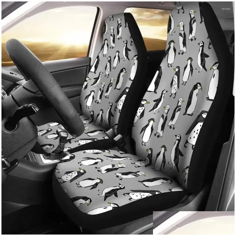 Fundas de asiento de coche Ers Lovely Penguin Bird Pattern Print Set 2 piezas Accesorios Er Drop Delivery Automóviles Motocicletas Interior Otade