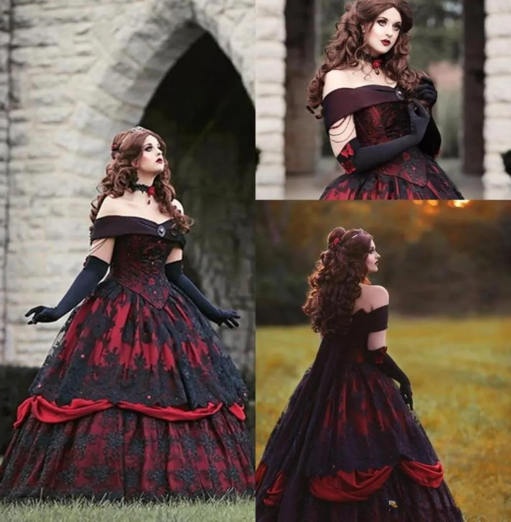 Gotiska svarta och röda lands bröllopsklänningar från axlar korsett tillbaka viktorianska halloween kunglig bröllopsklänning puffy tyll spets br5666391