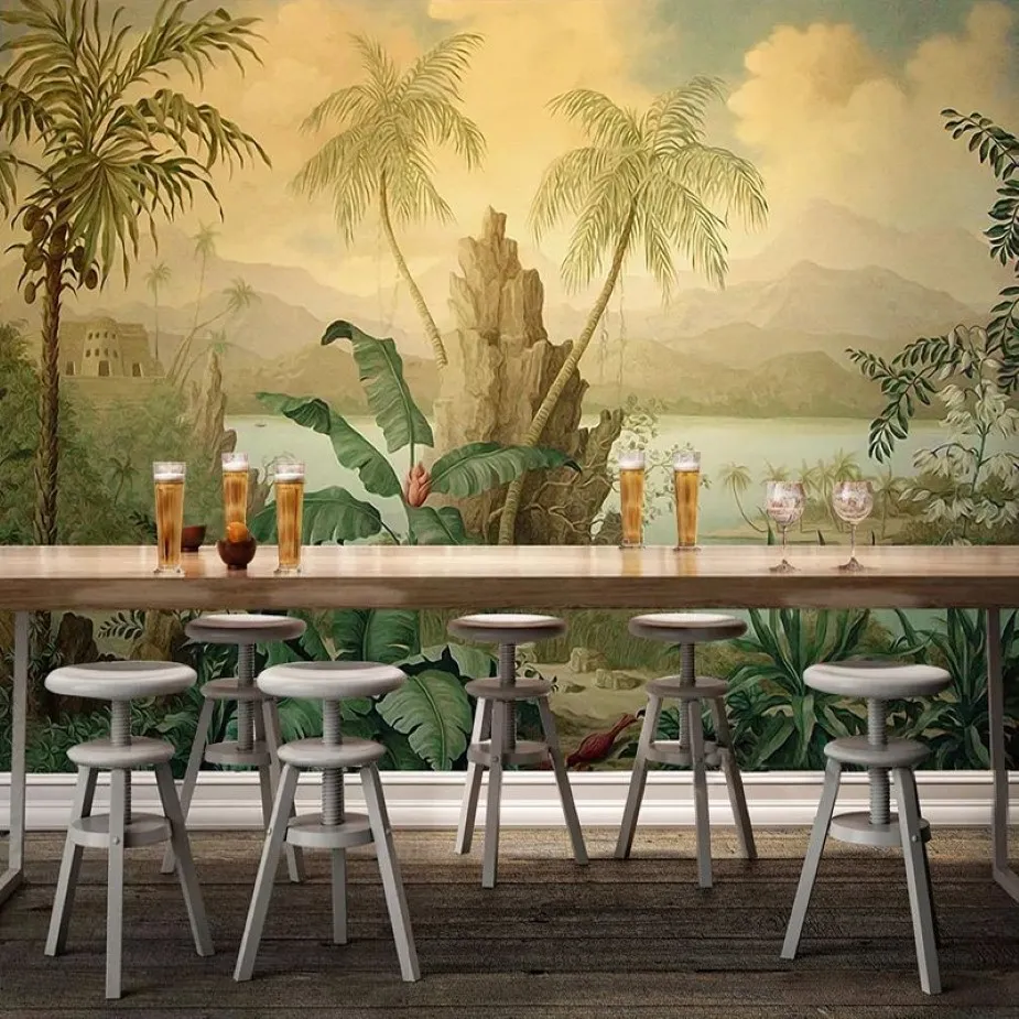 Personalizado 3d papel de parede arte mural estilo europeu retro paisagem pintura a óleo tropical floresta tropical banana coqueiro wallpaper153v