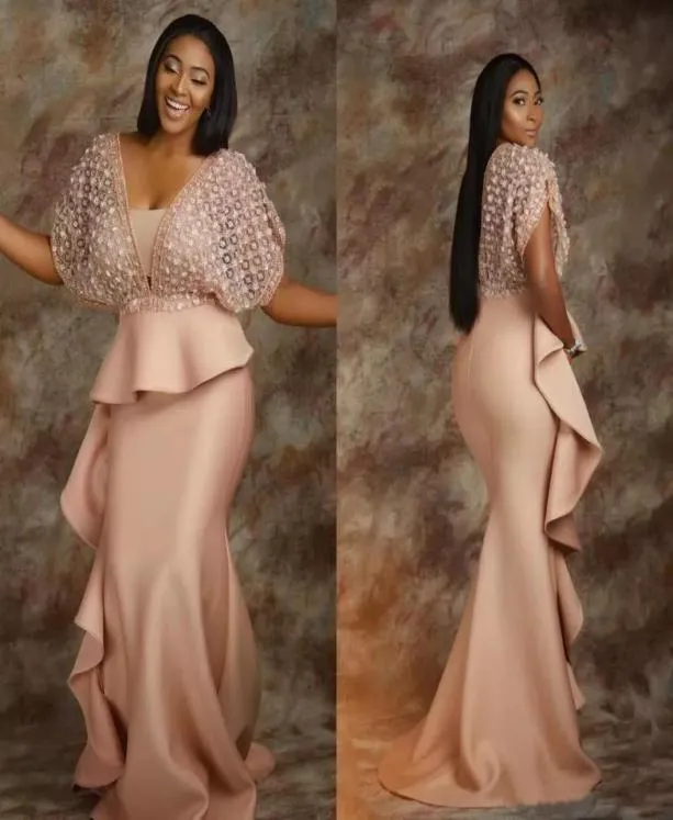 2021 New Pearl Pink Lace Evening Dresses African Saudi Arabia Formell klänning för kvinnor mantel prom klänningar kändis mantel de soiree6877156