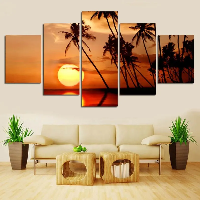 Décor à la maison Impressions HD Photos Peintures sur toile 5 pièces Coucher de soleil Plage Vague Palmiers Paysage marin Affiches Chambre Mur Art No Frame259V