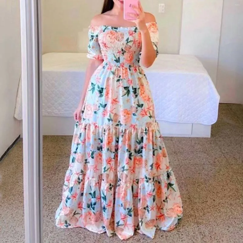 Casual Dresses Floral Print Off Shoulder Sexy For Women 2024 Plus Size Beach Formal Party Blomma Vestidos