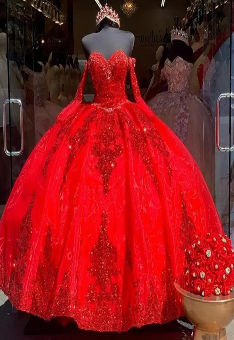 Real Pos Red Organza Sweet 16 QuinCeanera Dresses Sequined Applique Pärled Sweetheart Pageant Dress Mexikansk tjej Födelsedag Gown5662382