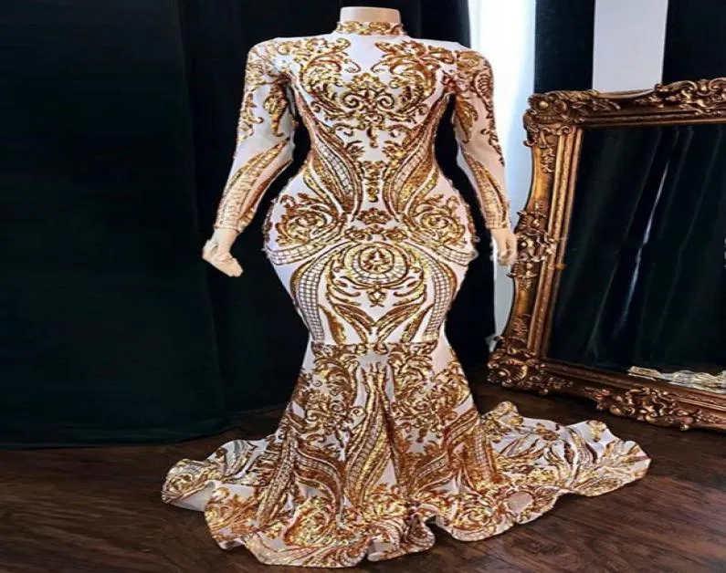 2020 Vestidos de Fiesta prom klänningar långärmad hög halsguld paljett vit satin spets afrikansk kvinnor party klänning5961406