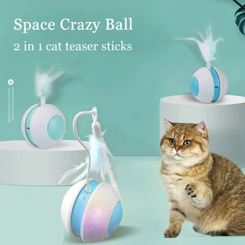 Crazy Cat Teaser Cat Toys Interactive Rolling Ball 2 In 1 Bird Sound Cats Sticks LED Automatic Rolling Cats Moving Toy Pet Toys 240229