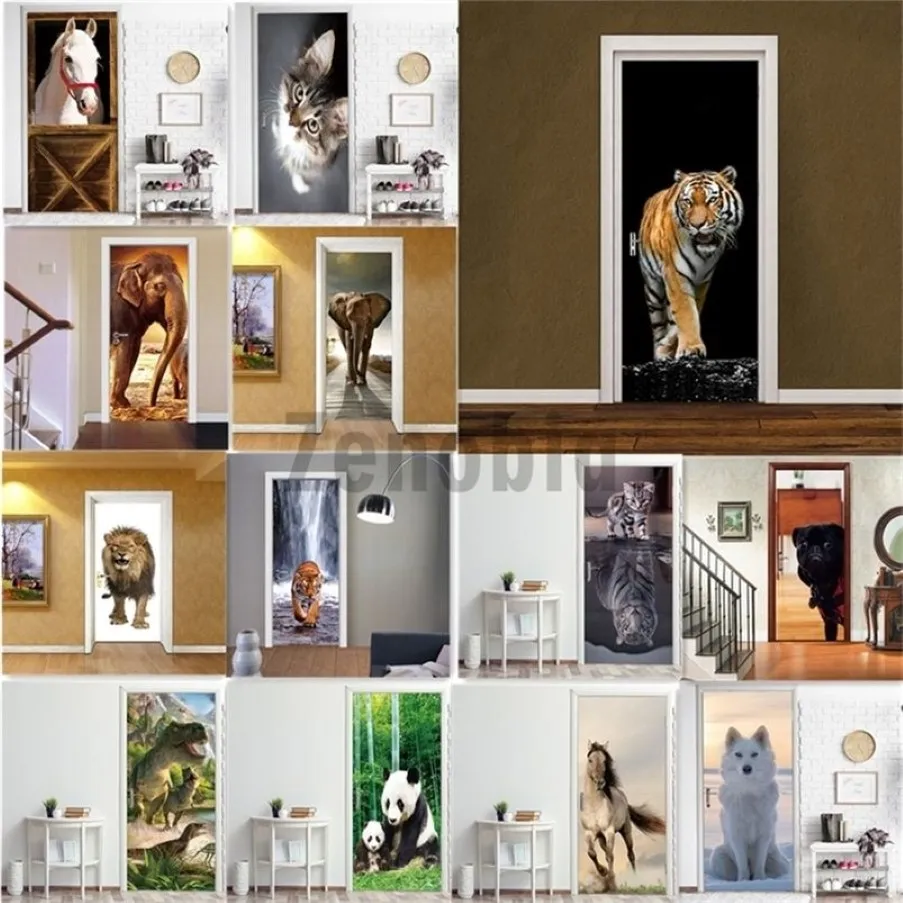 Hayvan PVC Duvar Kağıdı Kendi Kendinden Yapışkan 3D Kapı Sticker Tiger At Fil Panda Mural Çıkarılabilir Ev Dekor Dekal Diy Deur Sticker 21290R