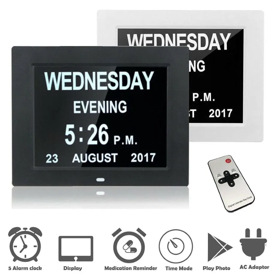 7 8 Languages Digital Day Clock LED Calendar Day Week Month Year Electronic Alarm Clock for Impaired Vision People Home Dec254y