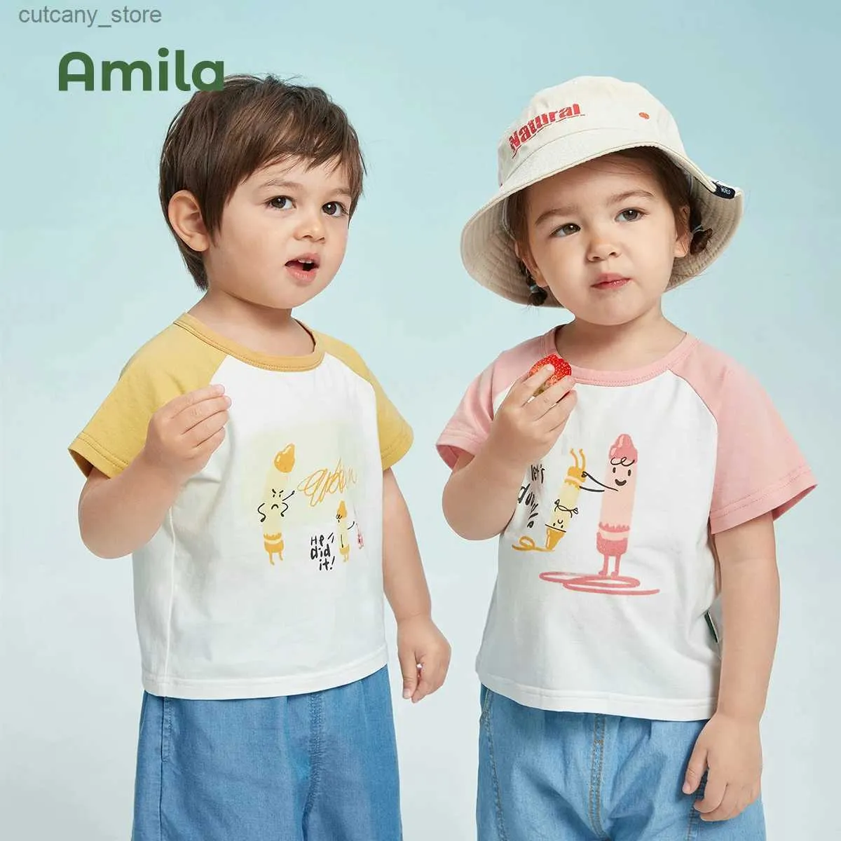 TシャツAmila Childrens 2022夏の新しい男の子と女の子のベビーコットンスプライシングラウンドネックTシャツクールな通気性ショートライントップL240311