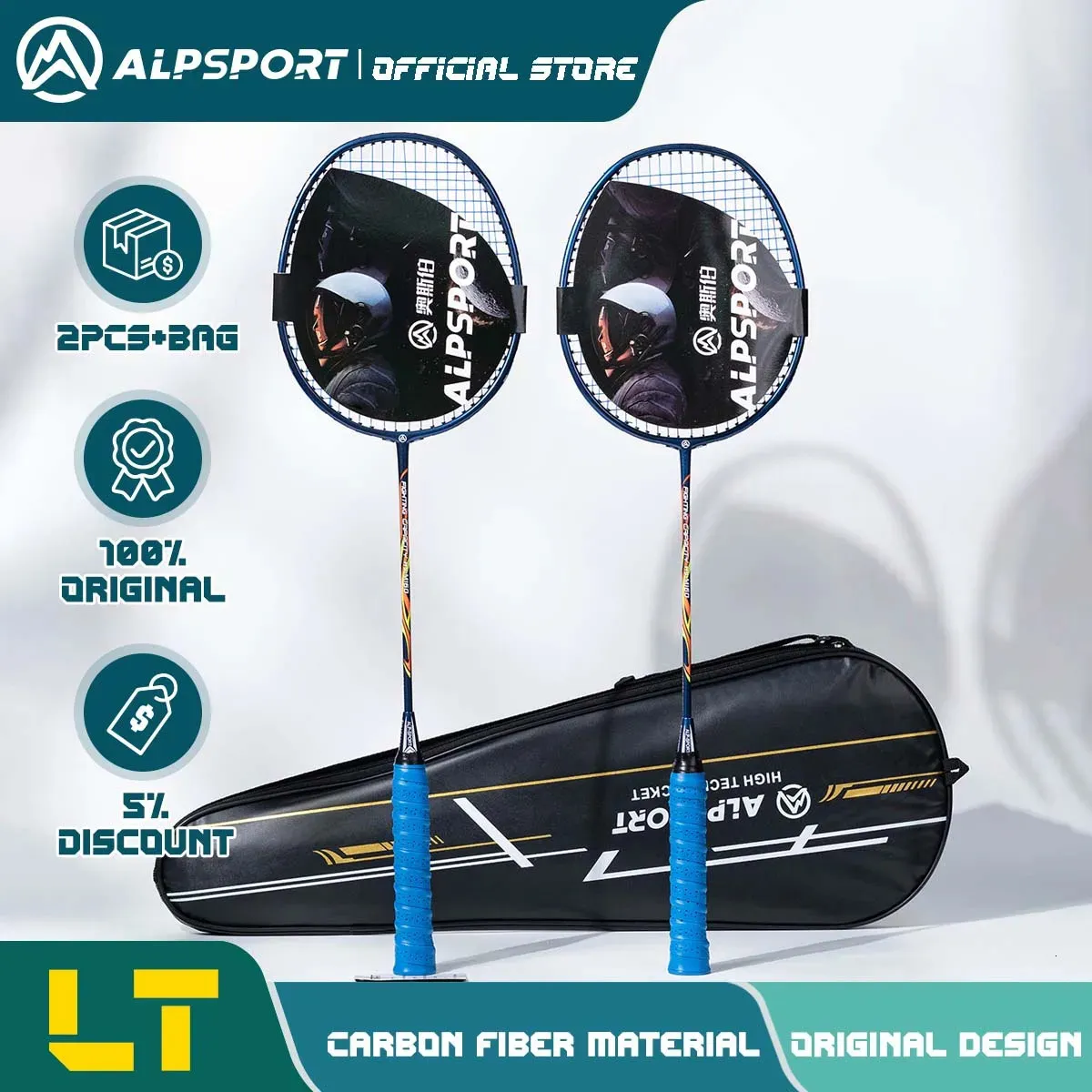 Alp lt 2 pçs/lote 100% fibra de carbono elástico 4u 30lbs raquete ofensiva e defensiva profissional raquete badminton com bag240311