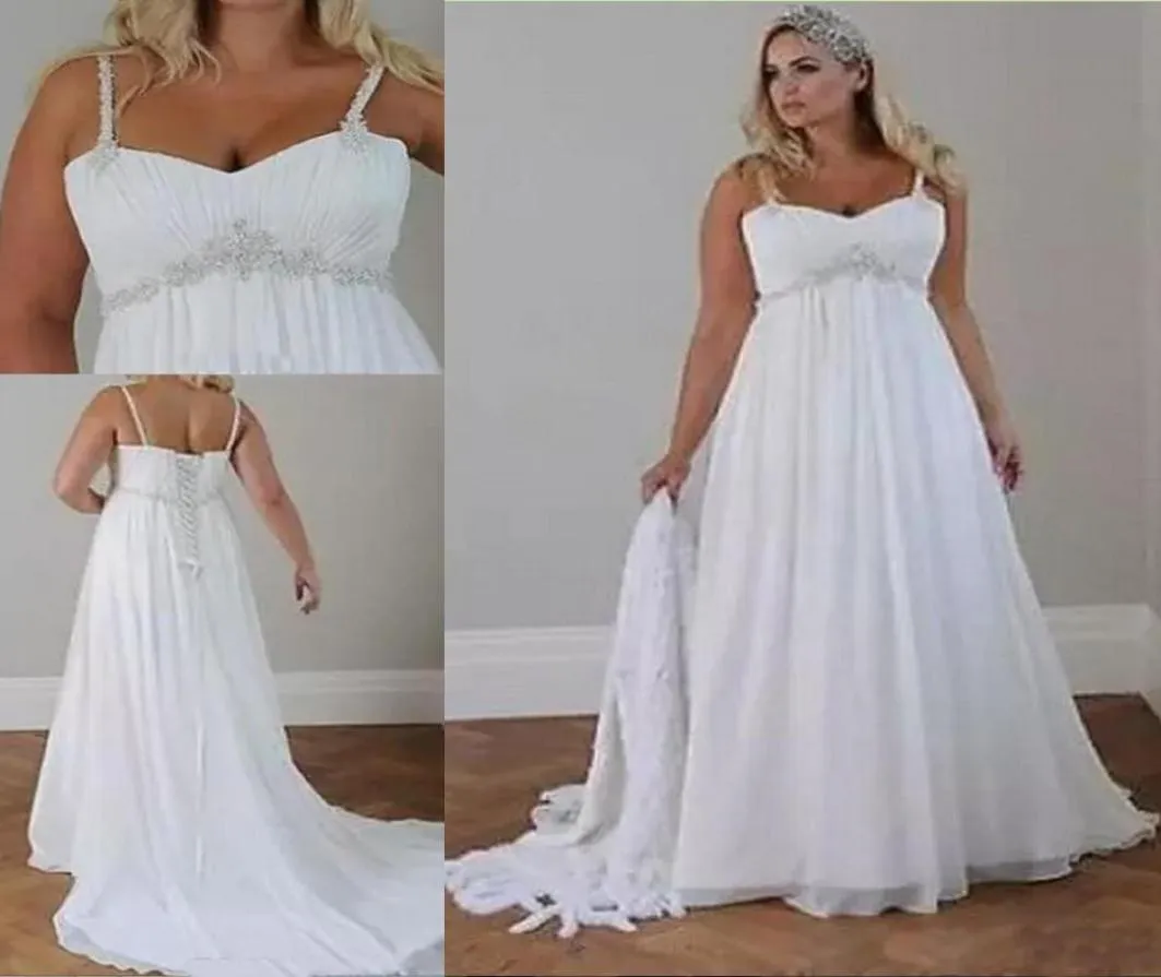 Cristais Plus Size Praia Vestidos de Casamento 2019 Corset Voltar Spaghetti Straps Chiffon Até O Chão Império Cintura Elegante Vestidos De Noiva 9219345