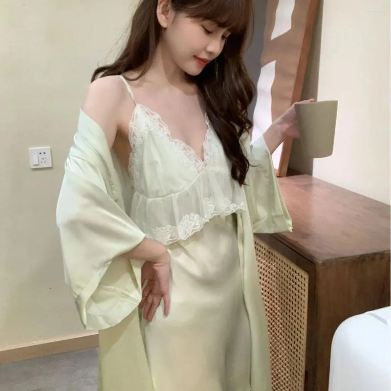 Women's Sleepwear 2PCS Kimono Robe Set Women Lace Applique Satin Bathrobe Gown Summer Nightwear Sexy Nightgown Lounge Home Clothing
