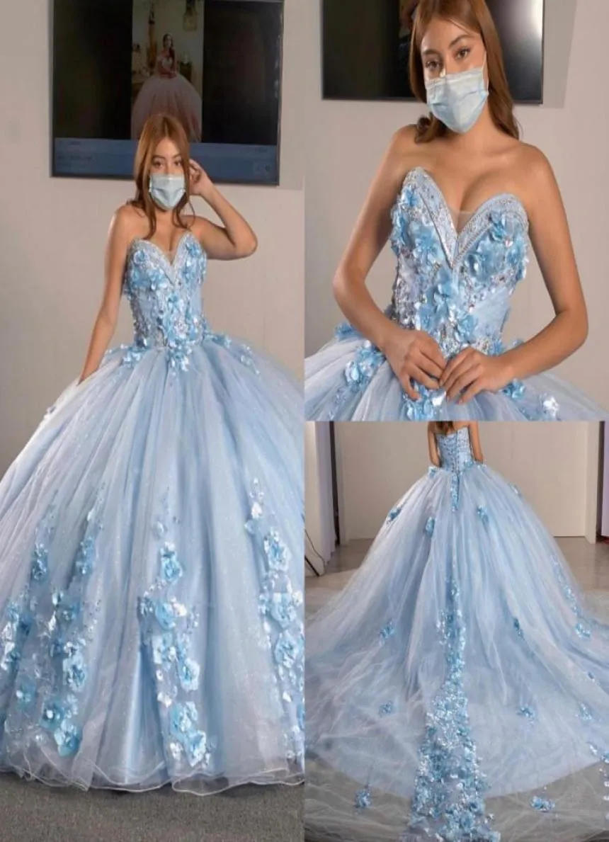 Light Blue 3d Flowers Vestidos De Quinceanera Dresses 2023 Prom Ball Gown Strapless Floral Applique Pealrs Sweet 16 Girls Glitter 2980527