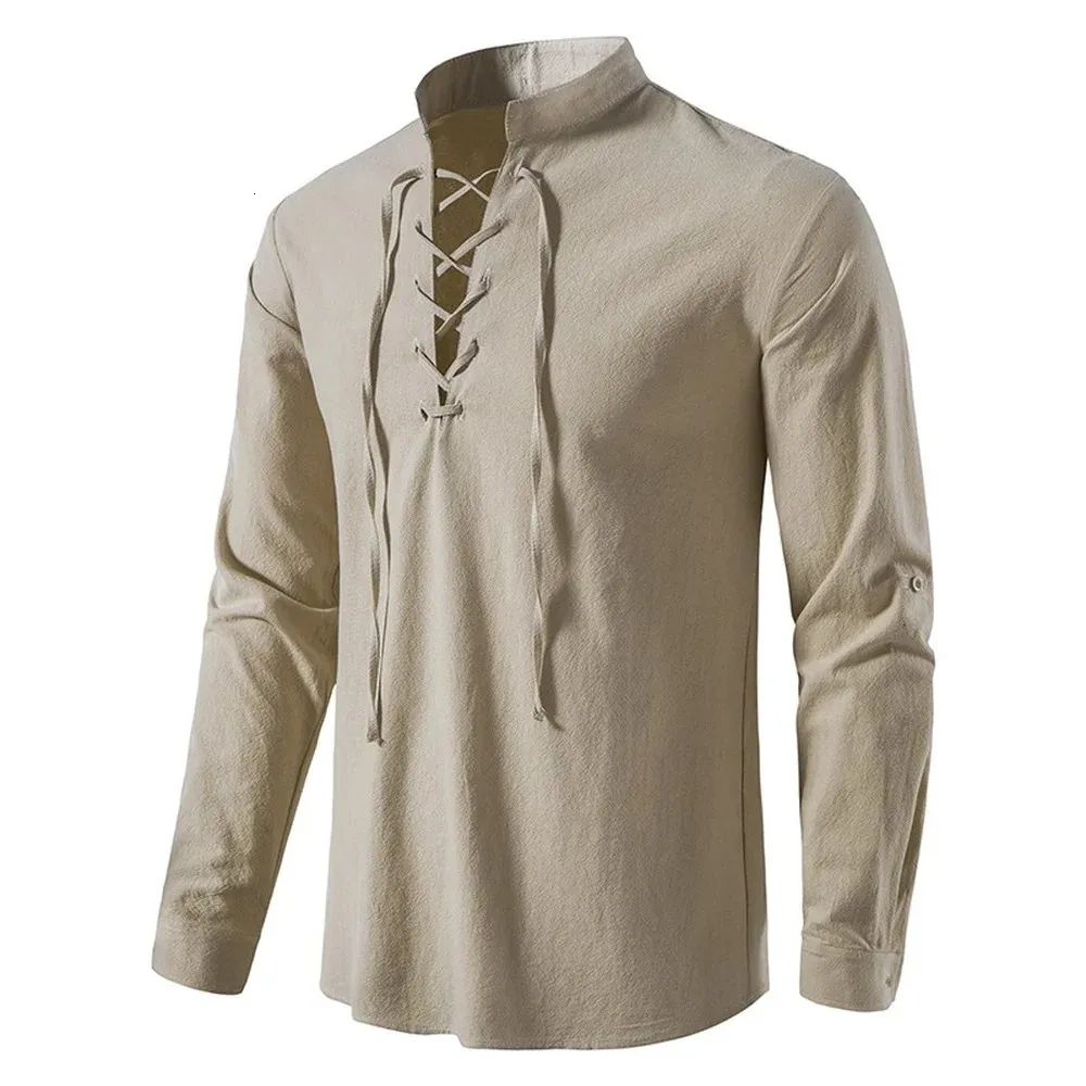 MENS CASUAL BLOUSE BOMULL LINEN SHIRT TOPS Långärmad tee Spring Autumn Slant Packet Vintage Yoga Shirts 240307