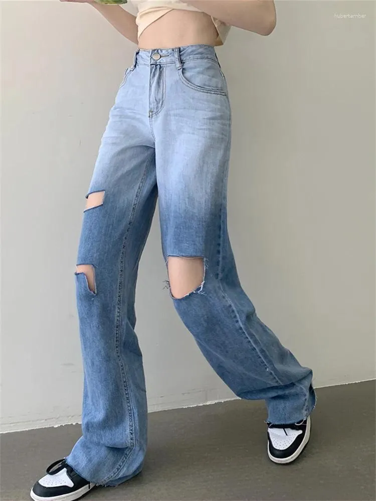 Frauen Jeans Tie Dye Farbverlauf Loch Design Y2k Vintage Straße Casual Blau Denim Hosen Weibliche Hohe Taille Gerade Hosen