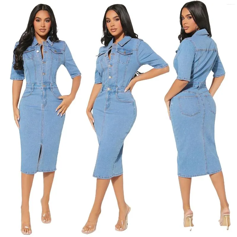 Party Dresses Autumn Denim Pencil Dress Sexiga kvinnor avvisar krage Bodycon Blue Jeans Skater Vestidos