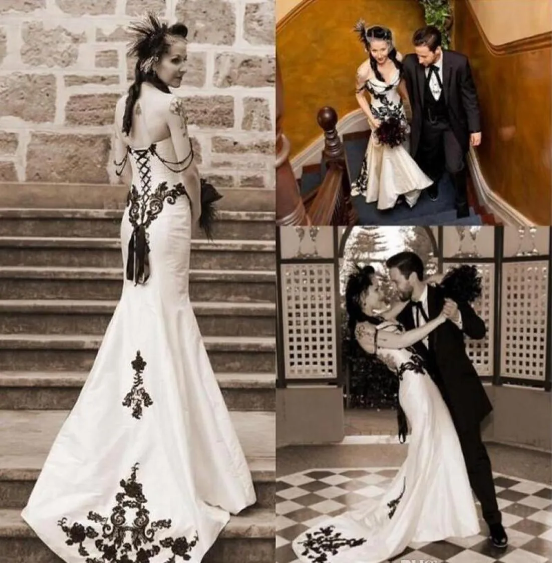 Nya vintage vita och svarta sjöjungfru bröllopsklänningar elegant spets applikation pärlstav bröllop brudklänningar mantel de mariage trädgård weddi8945806